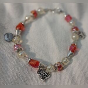 NWT Handcrafted Silver & Pink Heart Valentine's Charm Bracelet & Earrings Set.